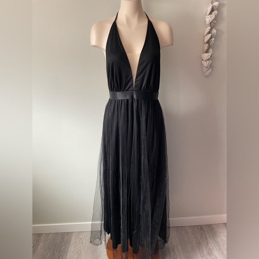 Miss Ord Black Tulle Maxi Dress Goth Gothic Glam Open Back Halter Size Large NWT